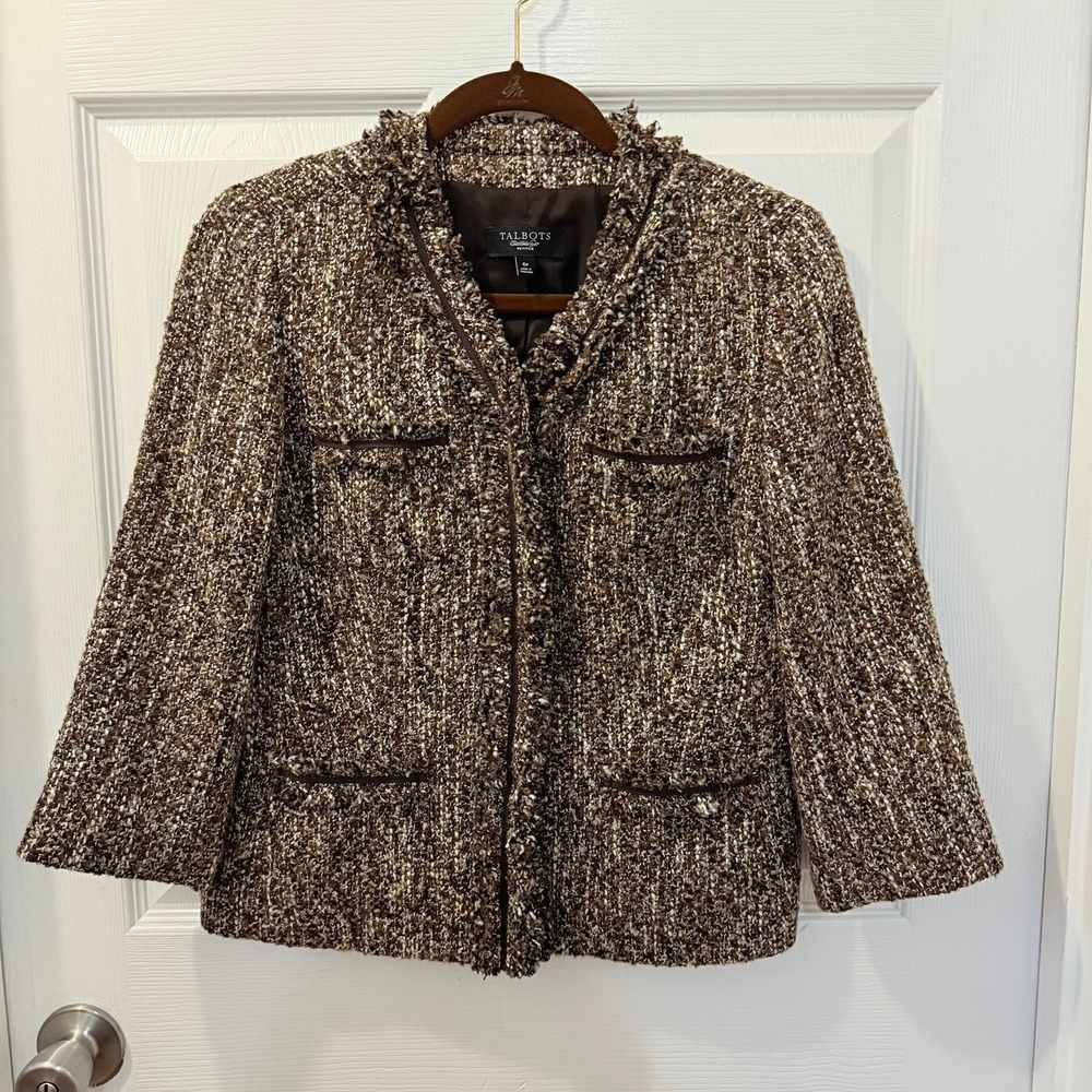 Talbots Womens Petite Brown Tweed‎ Fringe Blazer Jacket Size 6P Academia Preppy